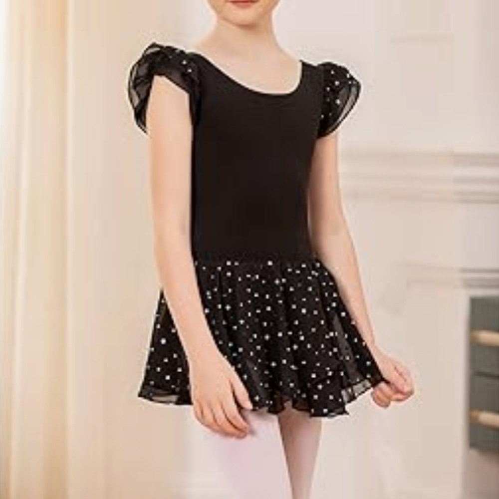 Arshiner Girls Ruffle Sleeve Ballet Dance Dress Tutu Skirted Leotard. Black. Si